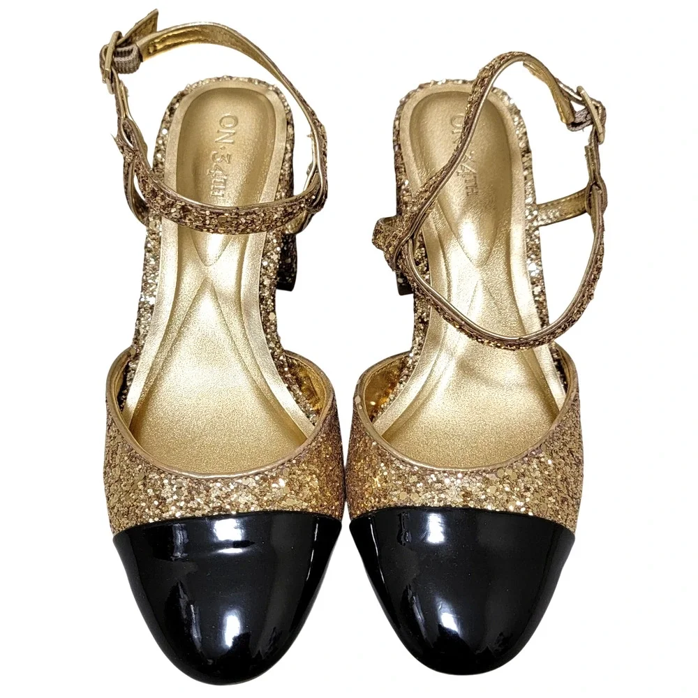 On 34th Women Dotti Cap Toe Ankle Strap Pump Heels Size US 9M Gold Glitter